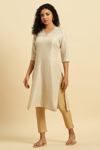 Ecru Embroidered Cotton Zari Festive Kurta - wforwoman