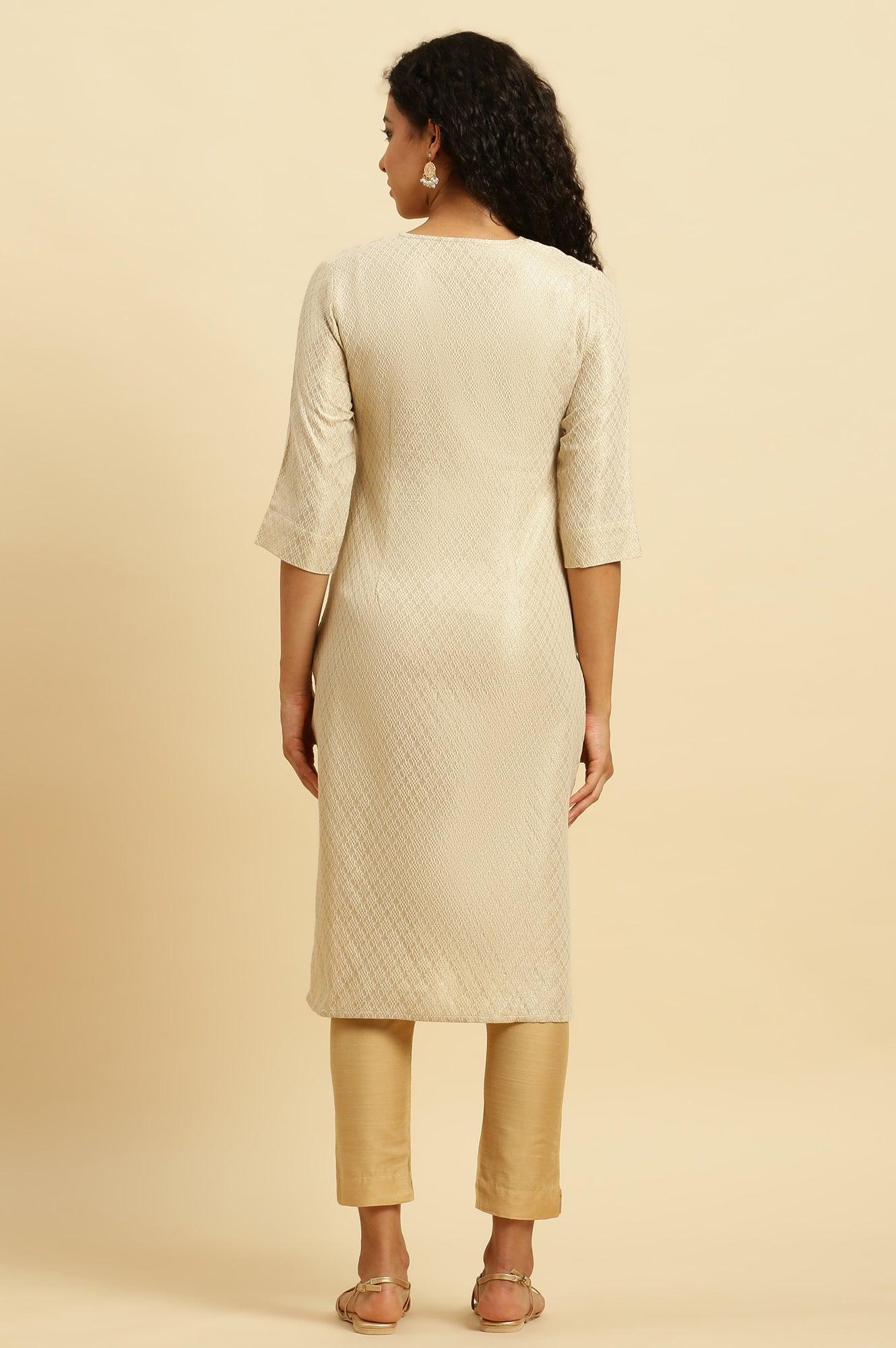 Ecru Embroidered Cotton Zari Festive Kurta - wforwoman