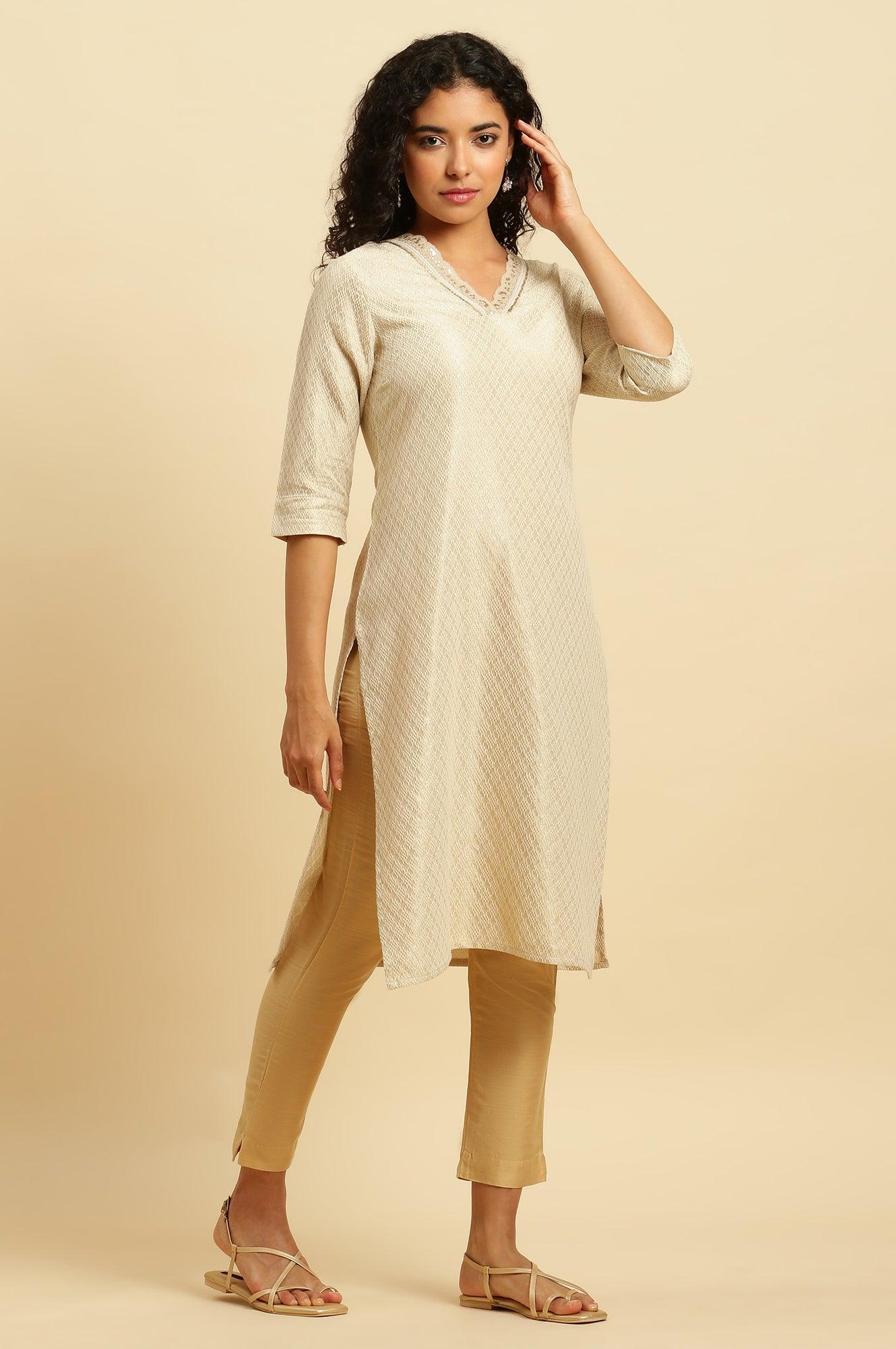 Ecru Embroidered Cotton Zari Festive Kurta - wforwoman
