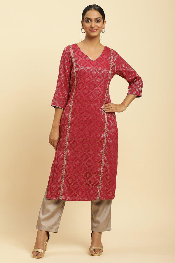 Red Rayon Jacquard Sequined Festive Kurta