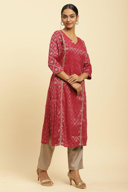 Red Rayon Jacquard Sequined Festive Kurta - wforwoman