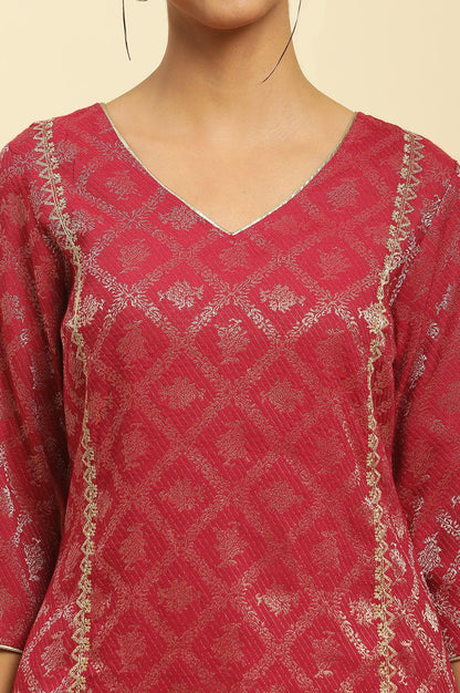 Red Rayon Jacquard Sequined Festive Kurta - wforwoman