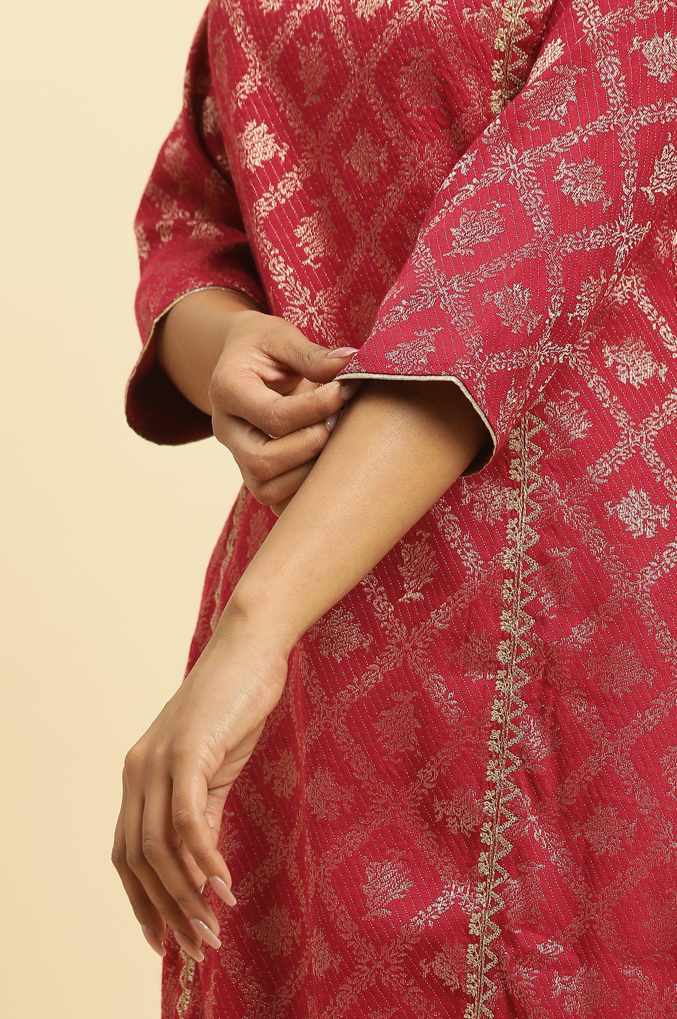 Red Rayon Jacquard Sequined Festive Kurta - wforwoman