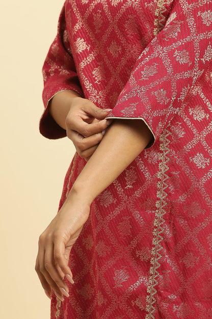 Red Rayon Jacquard Sequined Festive Kurta - wforwoman