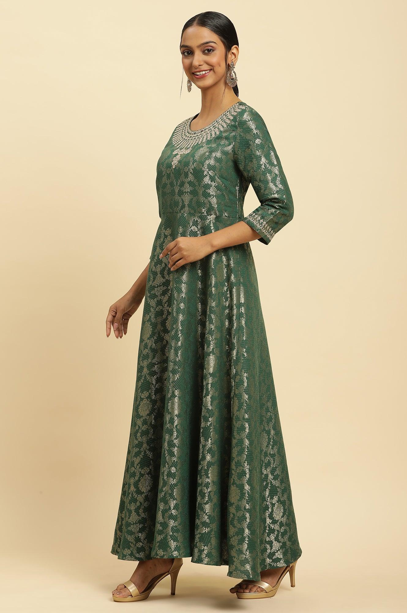 Buy Green Jacquard Embroidered Ethnic Dress Online for Woman | WforWoman Buy Green Jacquard Embroidered Ethnic Dress Online for Woman | WforWoman