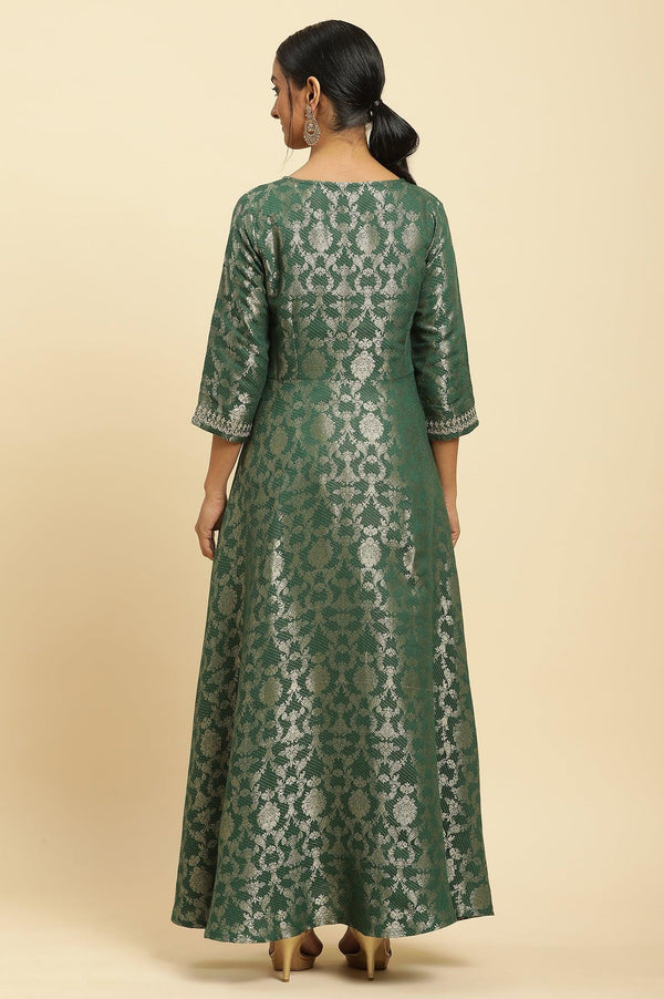 Green Jacquard Embroidered Ethnic Dress