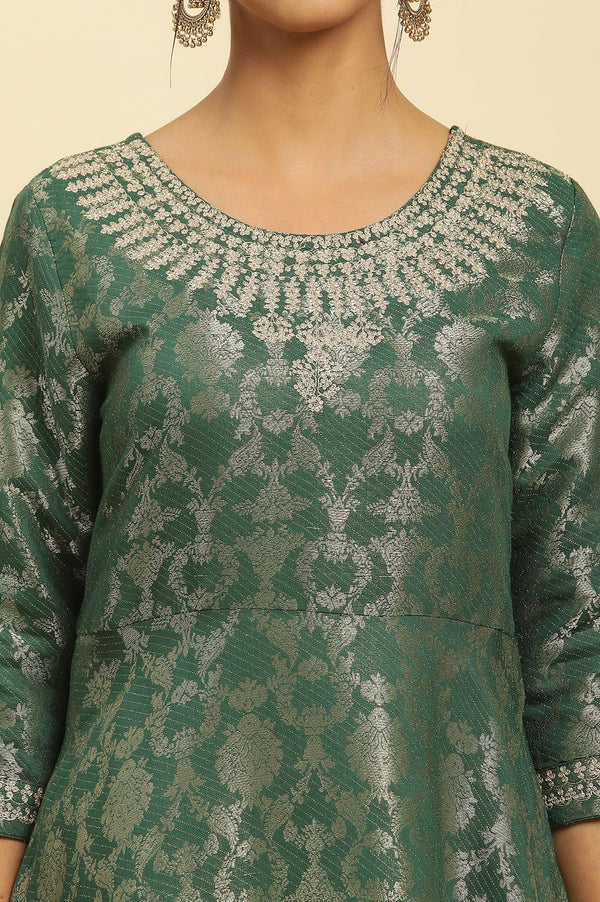 Green Jacquard Embroidered Ethnic Dress