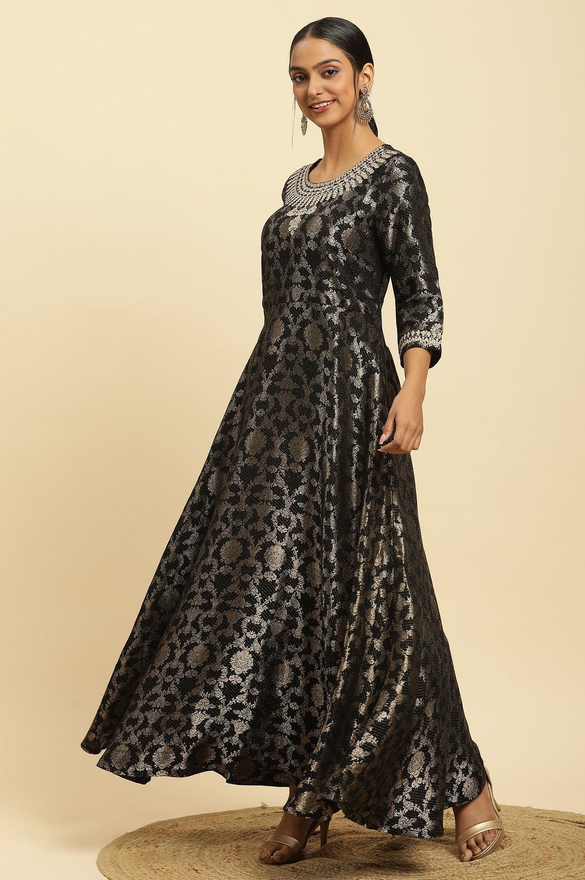 Black Jacquard Embroidered Ethnic Dress - XS