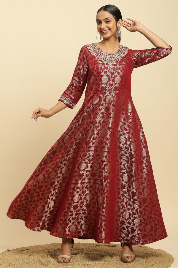Red Jacquard Embroidered Cotton Silk A-Line Ethnic Dress