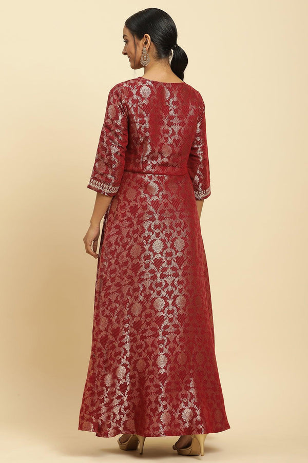 Red Jacquard Embroidered Cotton Silk A-Line Ethnic Dress