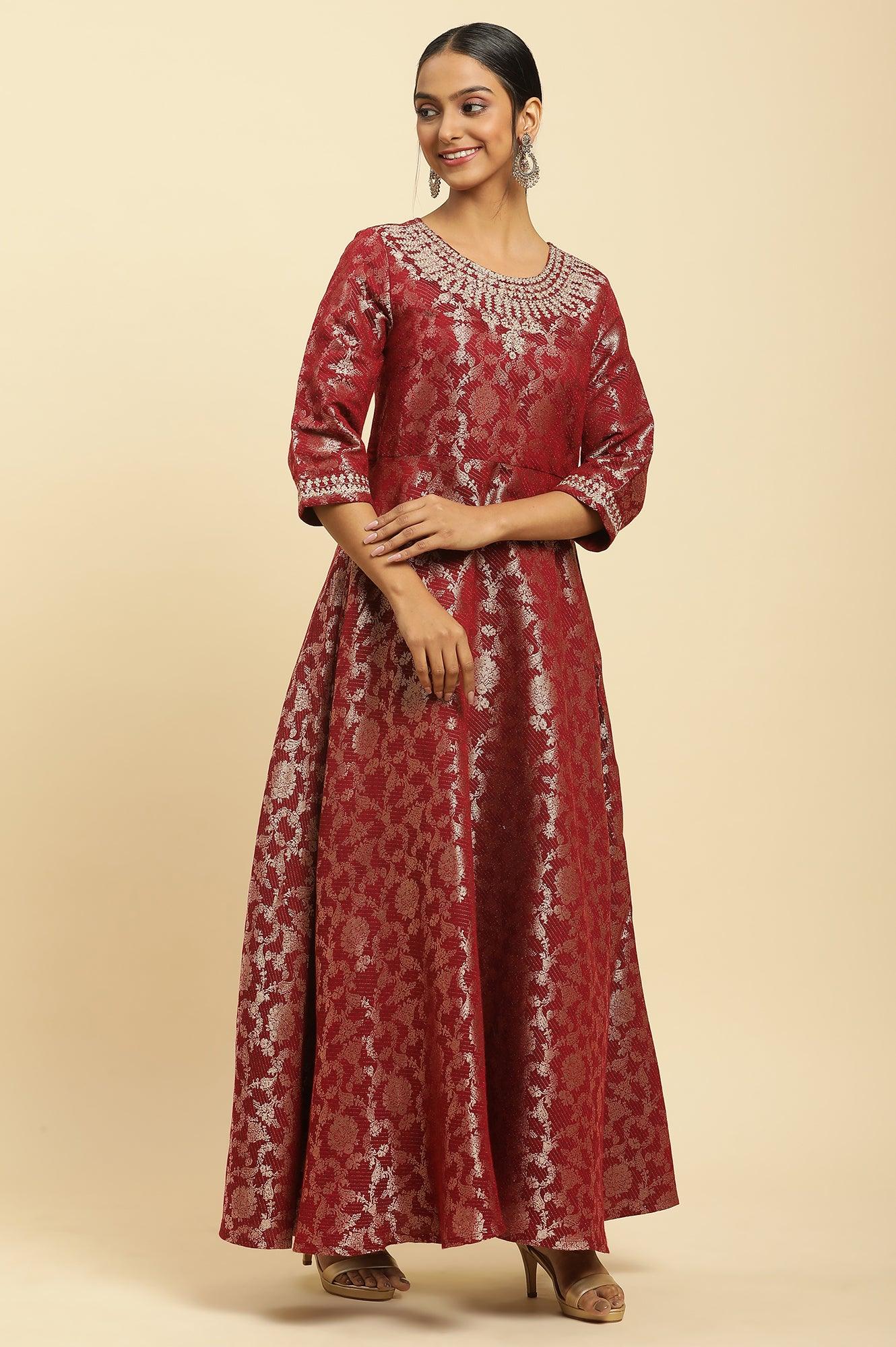 Buy Red Jacquard Embroidered Cotton Silk A-Line Ethnic Dress Online for Woman | WforWoman Buy Red Jacquard Embroidered Cotton Silk A-Line Ethnic Dress Online for Woman | WforWoman