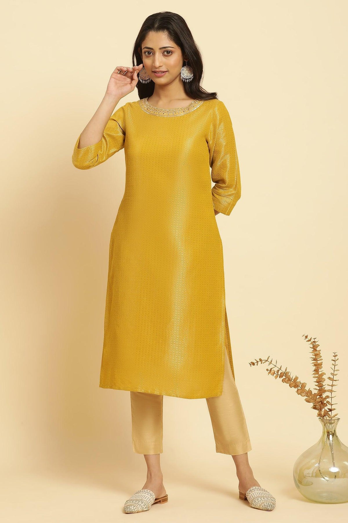 Yellow Zari Dobby Festive Kurta With Embellished Kurta - 3XL