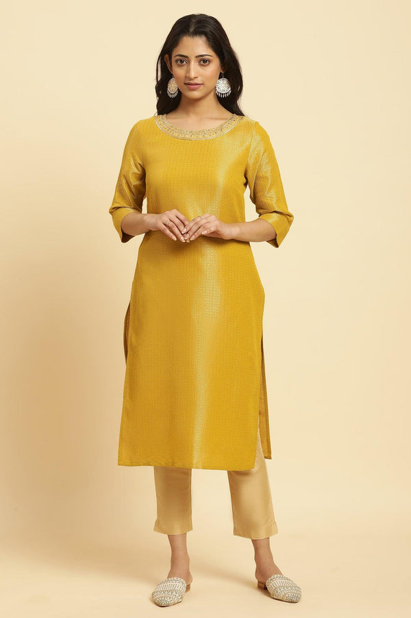 Yellow Zari Dobby Festive Kurta With Embellished Kurta