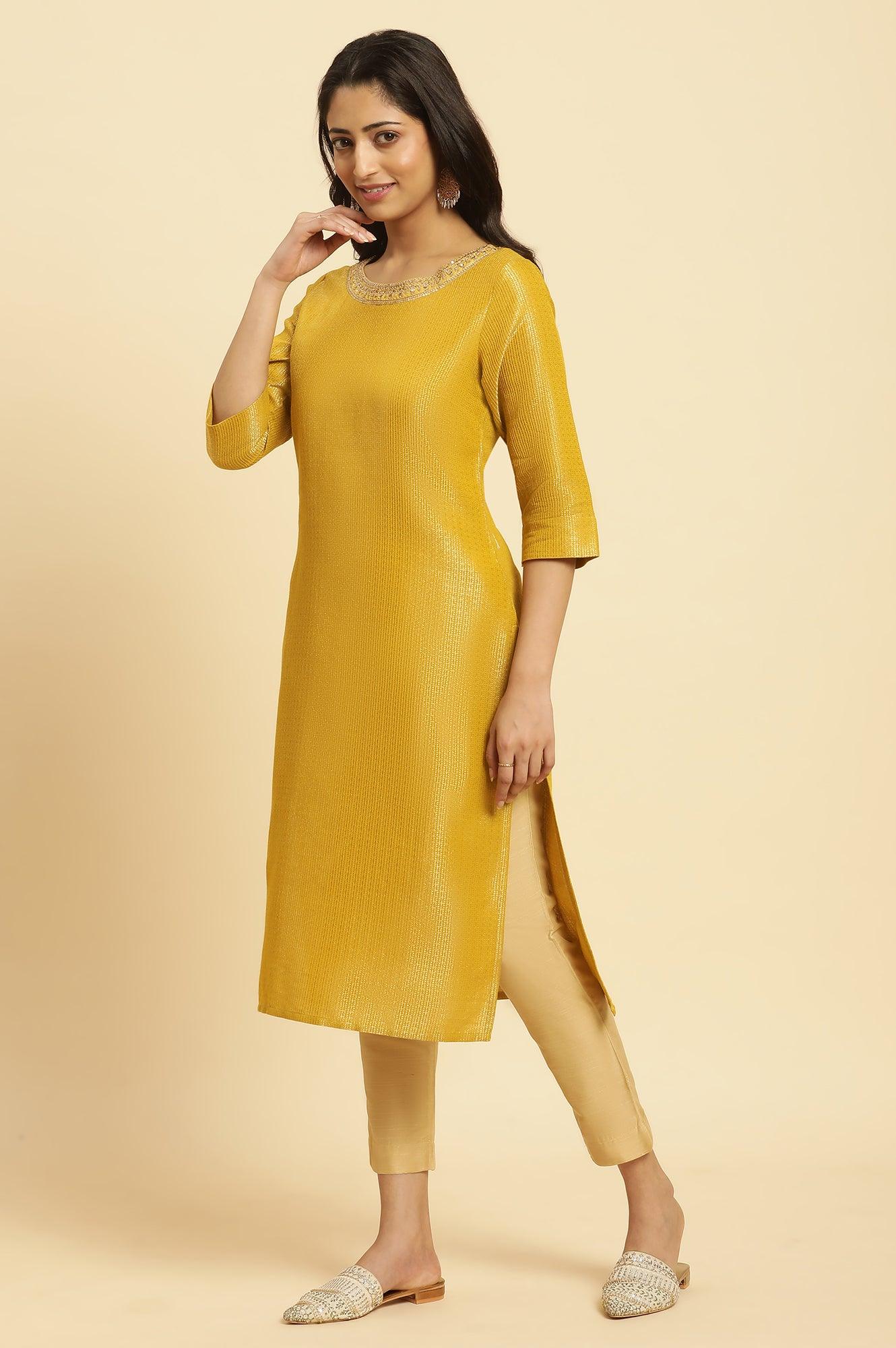 Yellow Zari Dobby Festive Kurta With Embellished Kurta - wforwoman