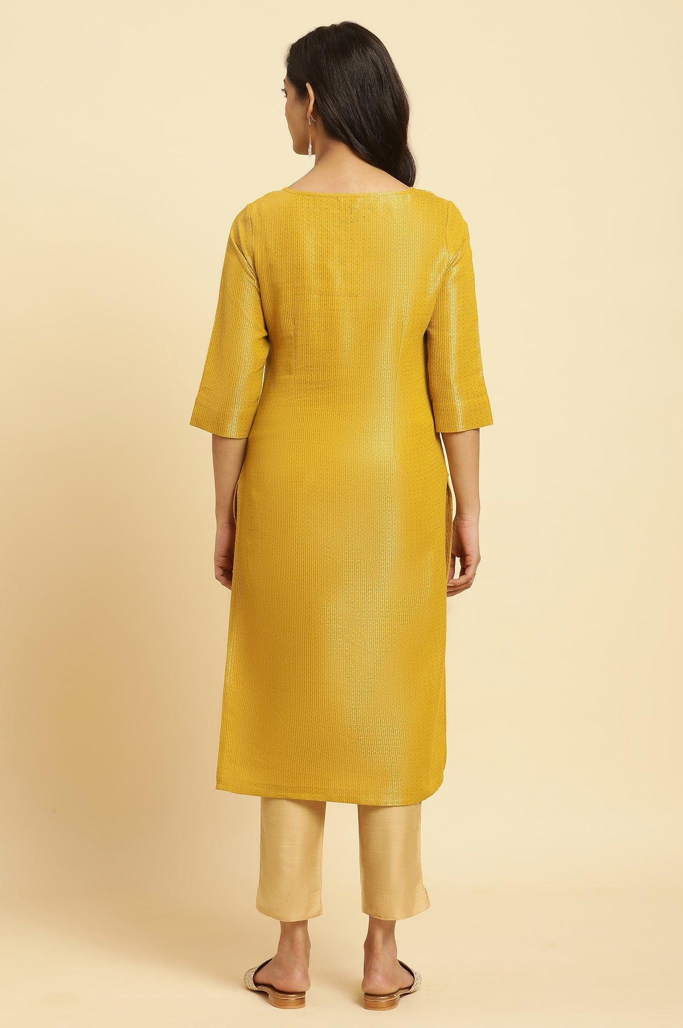 Yellow Zari Dobby Festive Kurta With Embellished Kurta - wforwoman