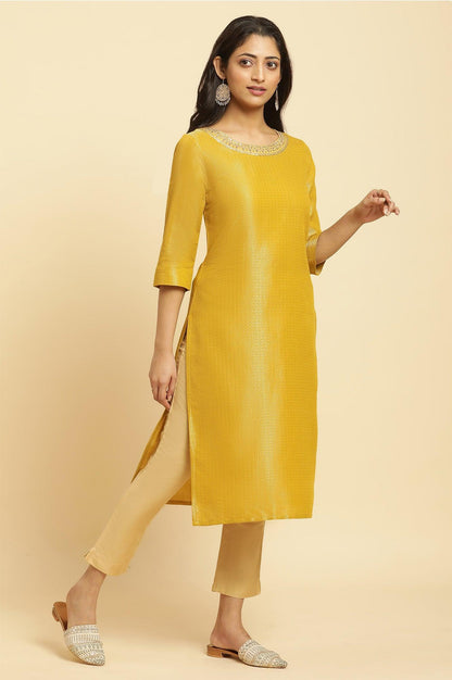 Yellow Zari Dobby Festive Kurta With Embellished Kurta - wforwoman