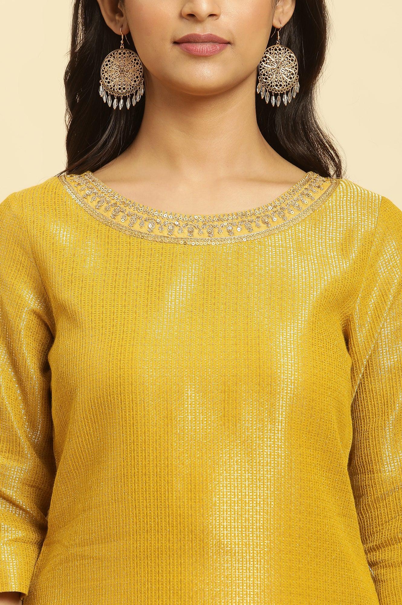 Yellow Zari Dobby Festive Kurta With Embellished Kurta - wforwoman