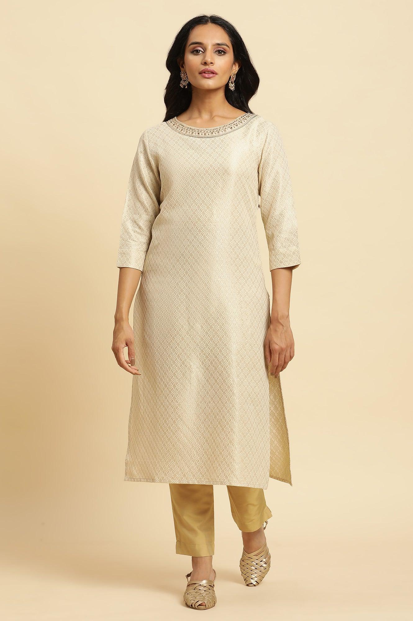 Ecru Dobby Embellished Kurta - wforwoman