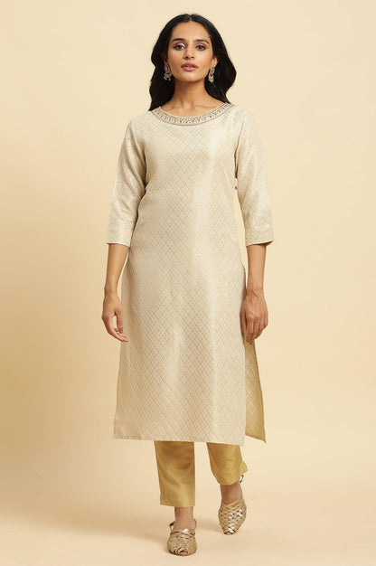 Ecru Dobby Embellished Kurta - wforwoman