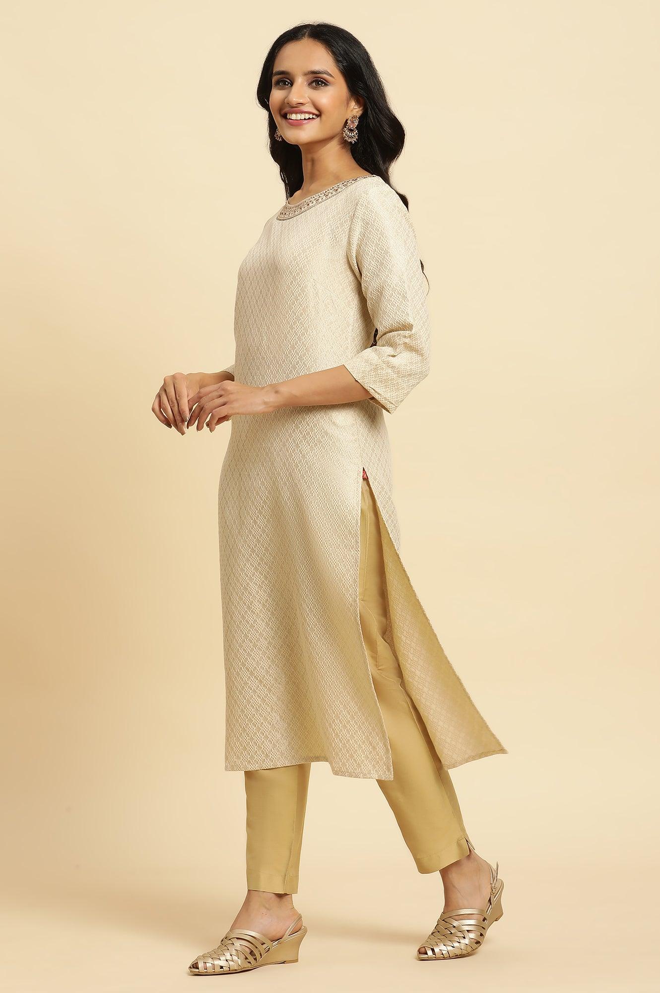 Ecru Dobby Embellished Kurta - wforwoman