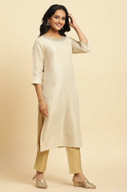 Ecru Dobby Embellished Kurta - wforwoman