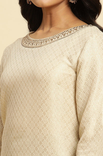 Ecru Dobby Embellished Kurta - wforwoman