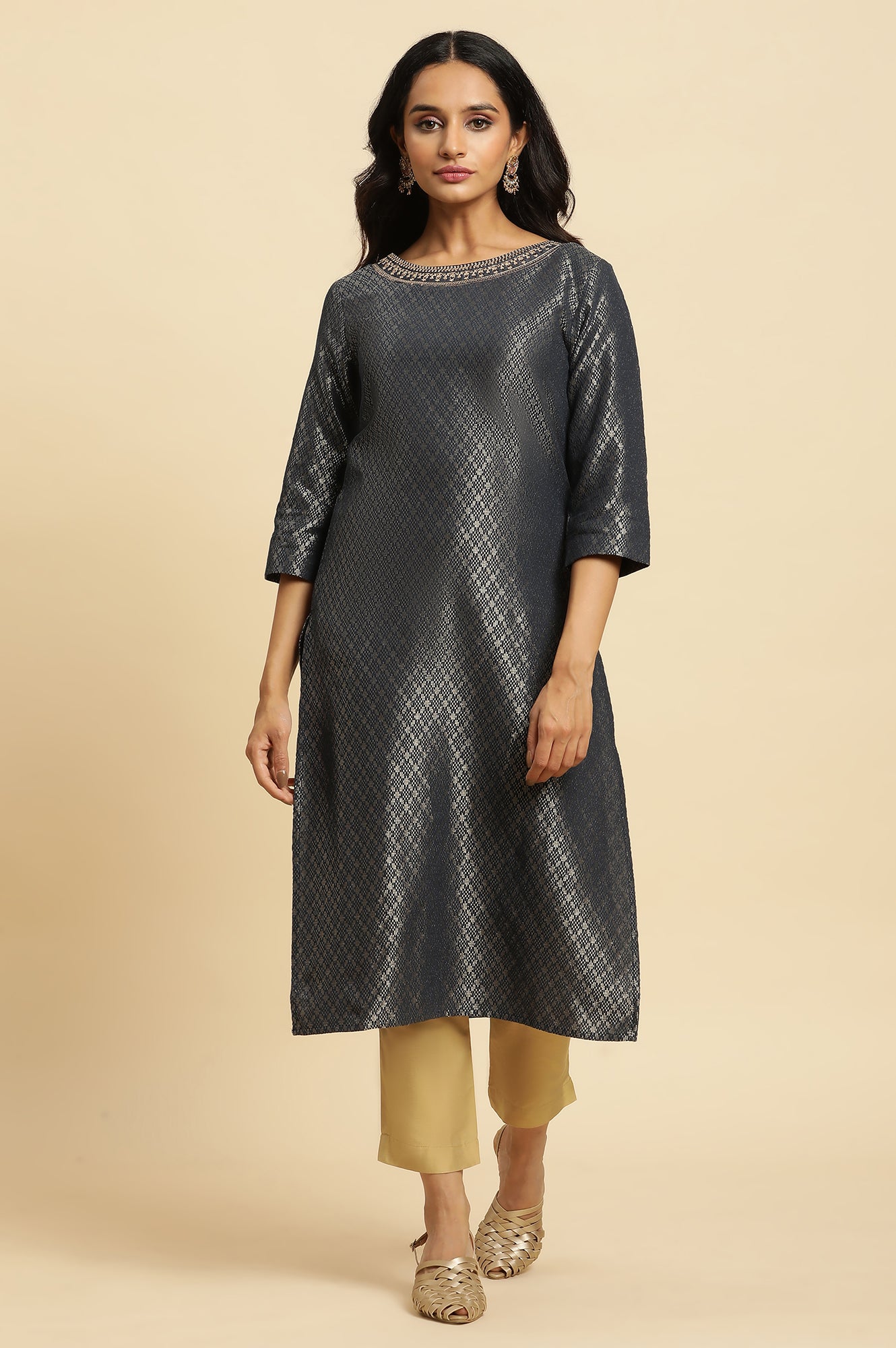 Grey Solid Sequined Straight Cotton Kurta