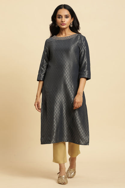 Grey Solid Sequined Straight Cotton Kurta