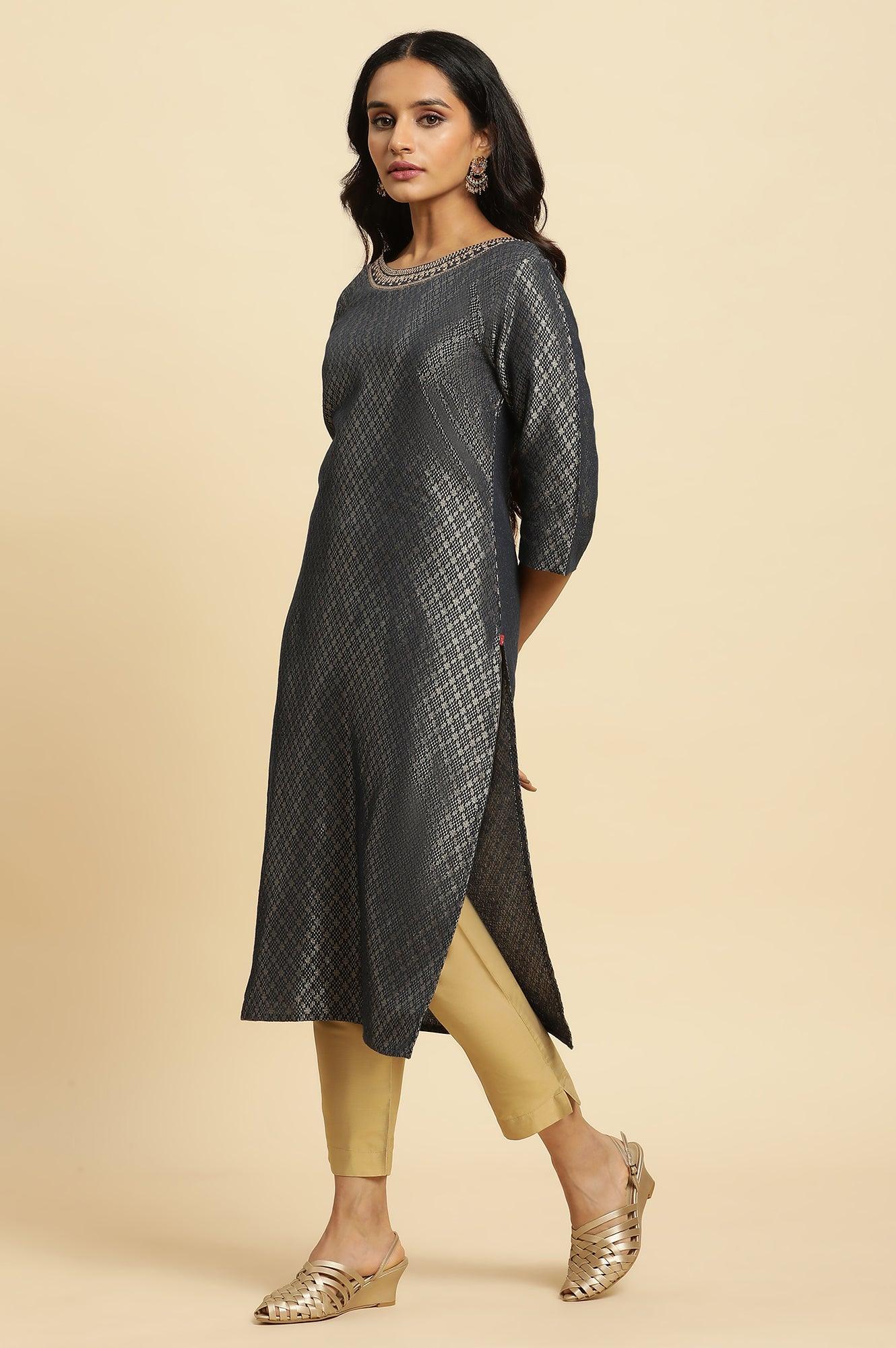 Dark Grey Dobby Embellished Kurta - wforwoman