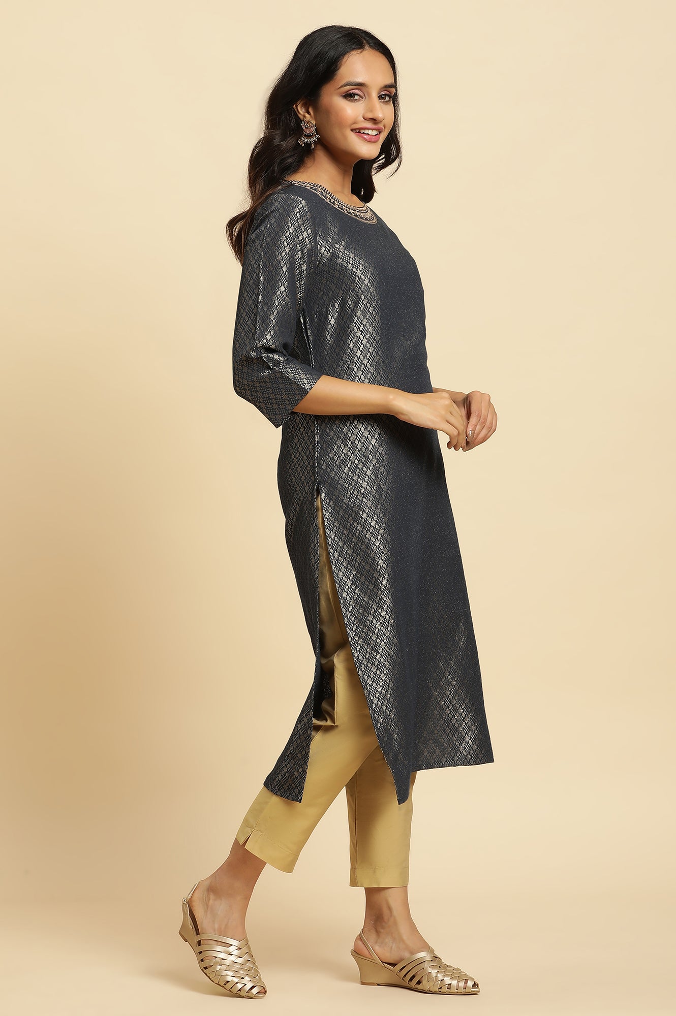 Grey Solid Sequined Straight Cotton Kurta