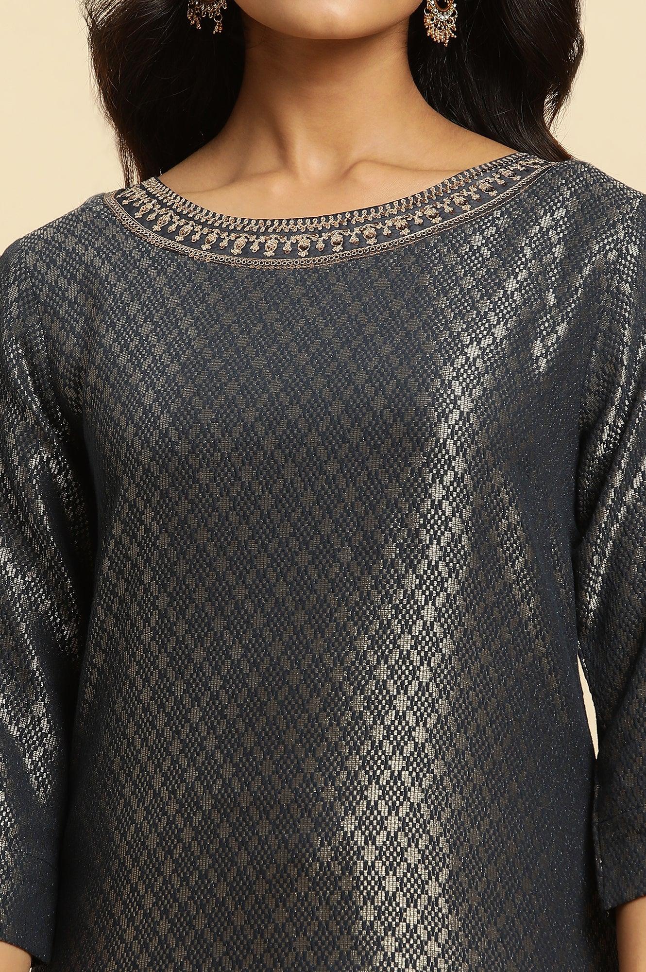 Dark Grey Dobby Embellished Kurta - wforwoman