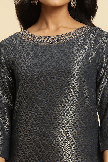 Grey Solid Sequined Straight Cotton Kurta