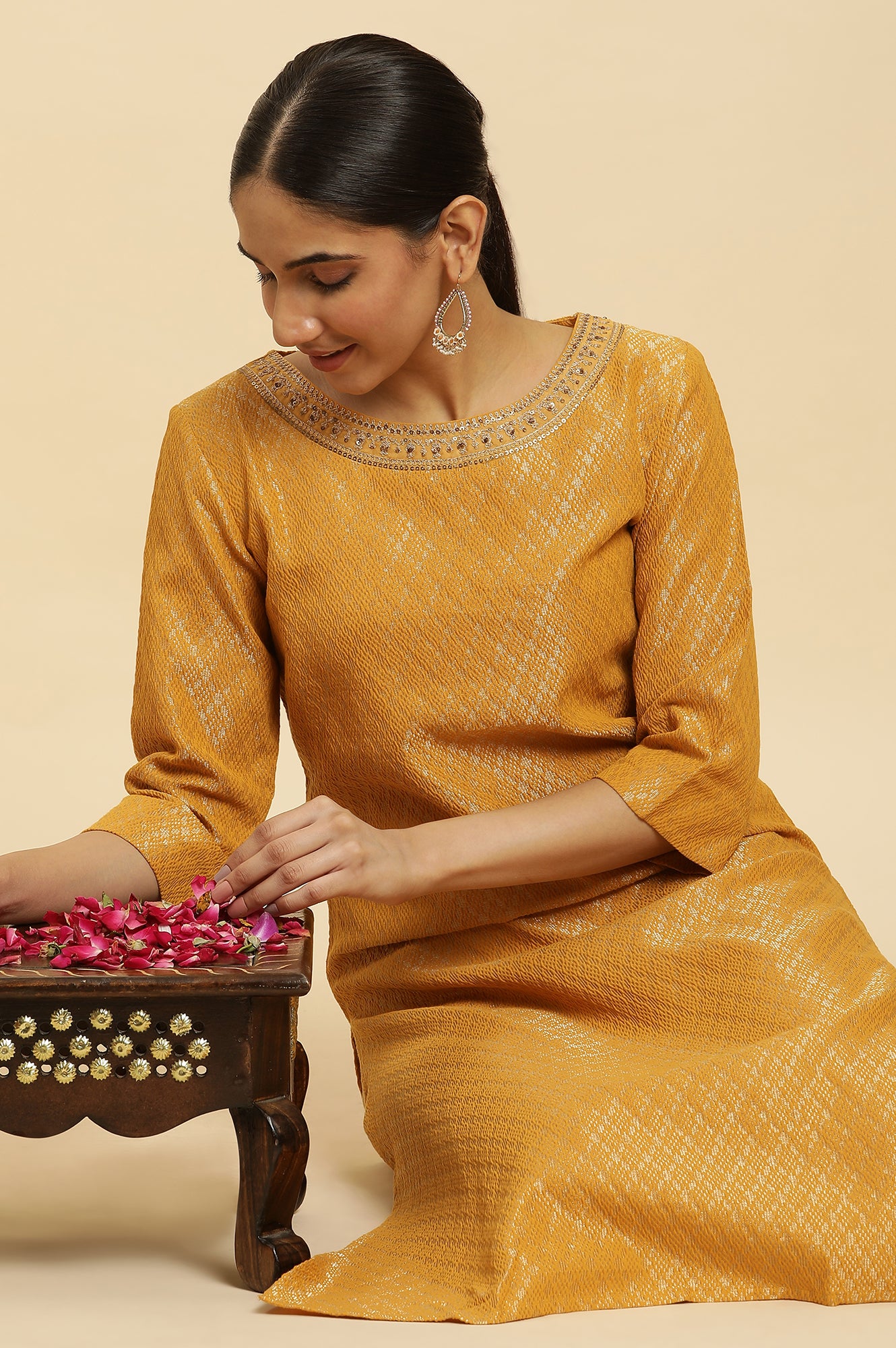 Yellow Solid Sequined Straight Cotton Kurta