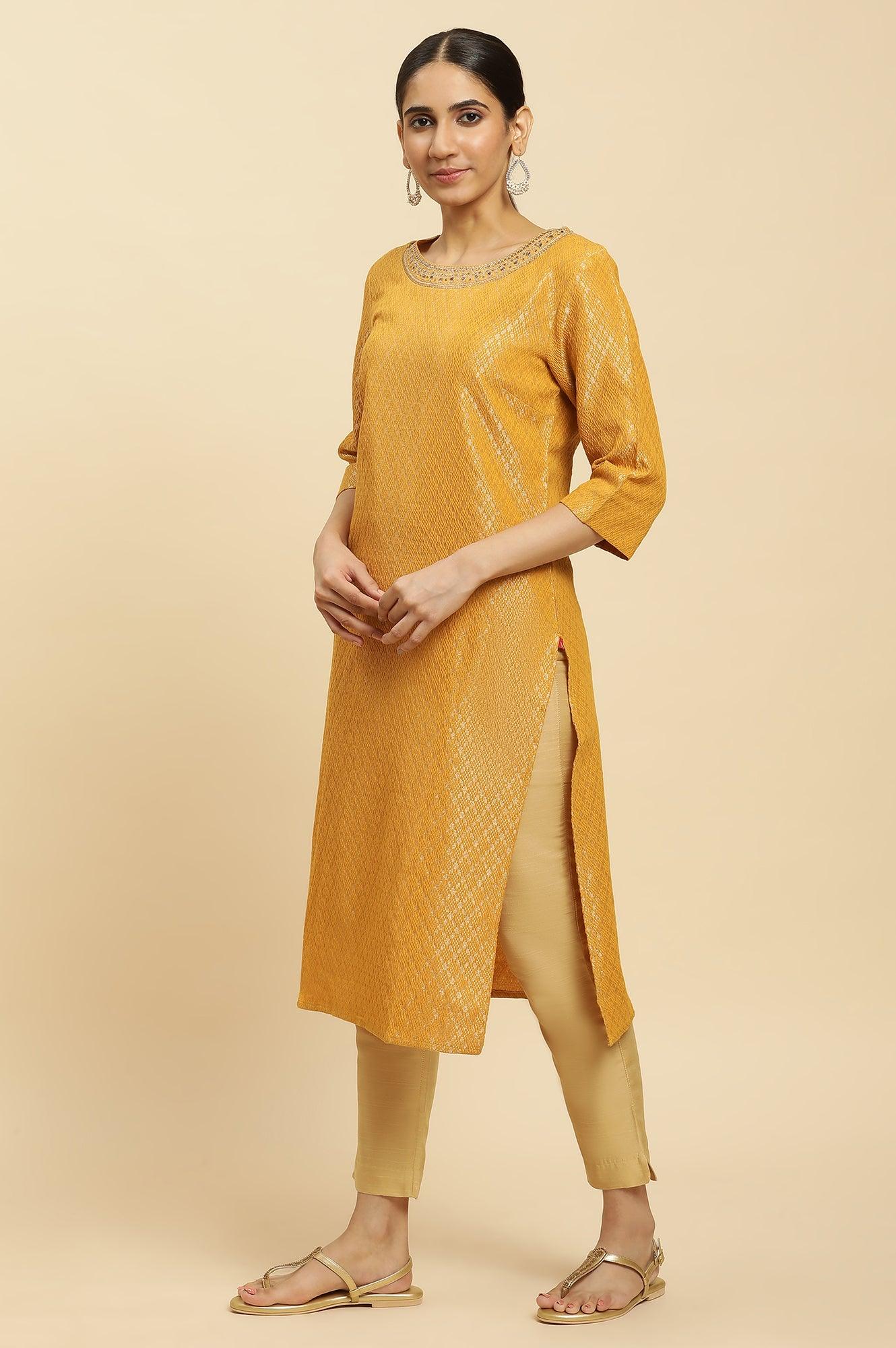 Yellow Dobby Embellished Kurta - wforwoman