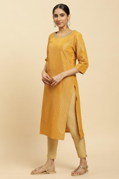 Yellow Dobby Embellished Kurta - wforwoman