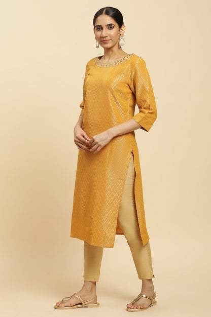 Yellow Solid Sequined Straight Cotton Kurta
