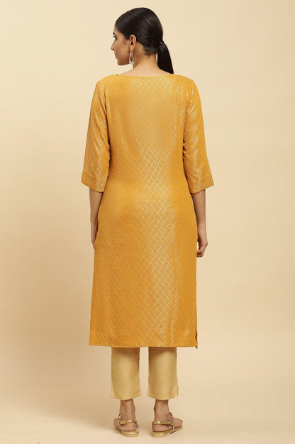 Yellow Dobby Embellished Kurta - wforwoman