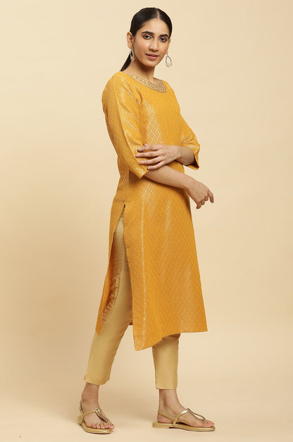 Yellow Solid Sequined Straight Cotton Kurta