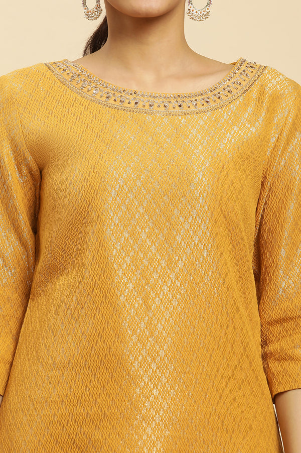 Yellow Solid Sequined Straight Cotton Kurta