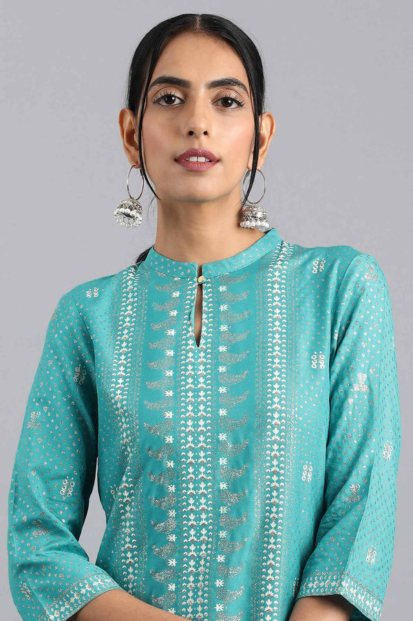 Blue Floral Printed Straight Kurta with Slim Pant Set