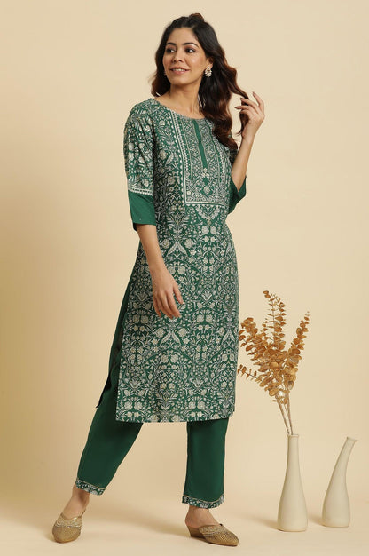 Green Floral Printed Embellished Kurta - wforwoman
