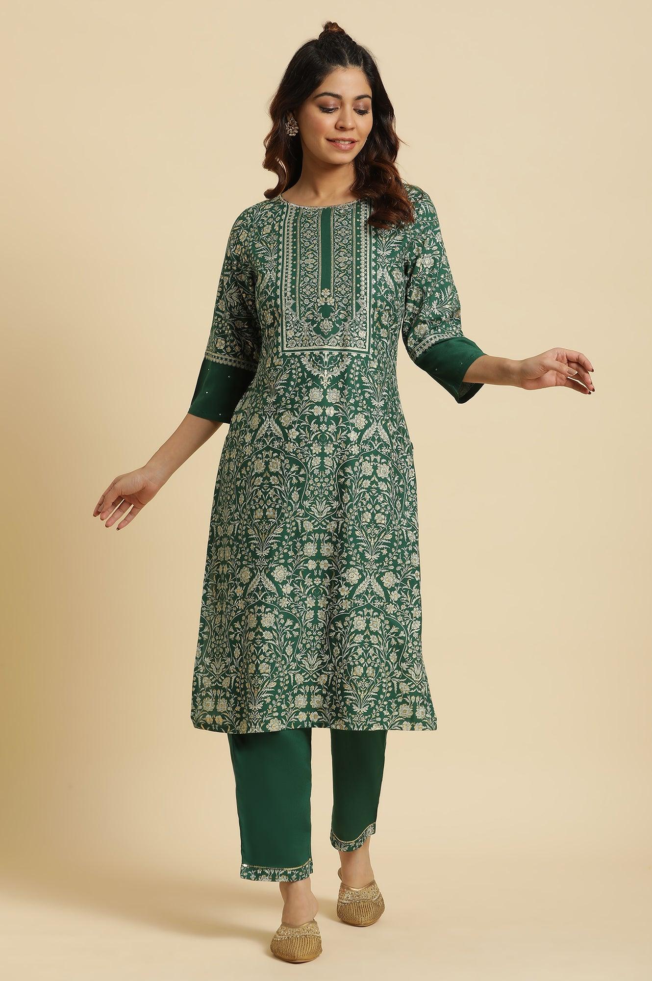 Green Floral Printed Embellished Kurta - wforwoman