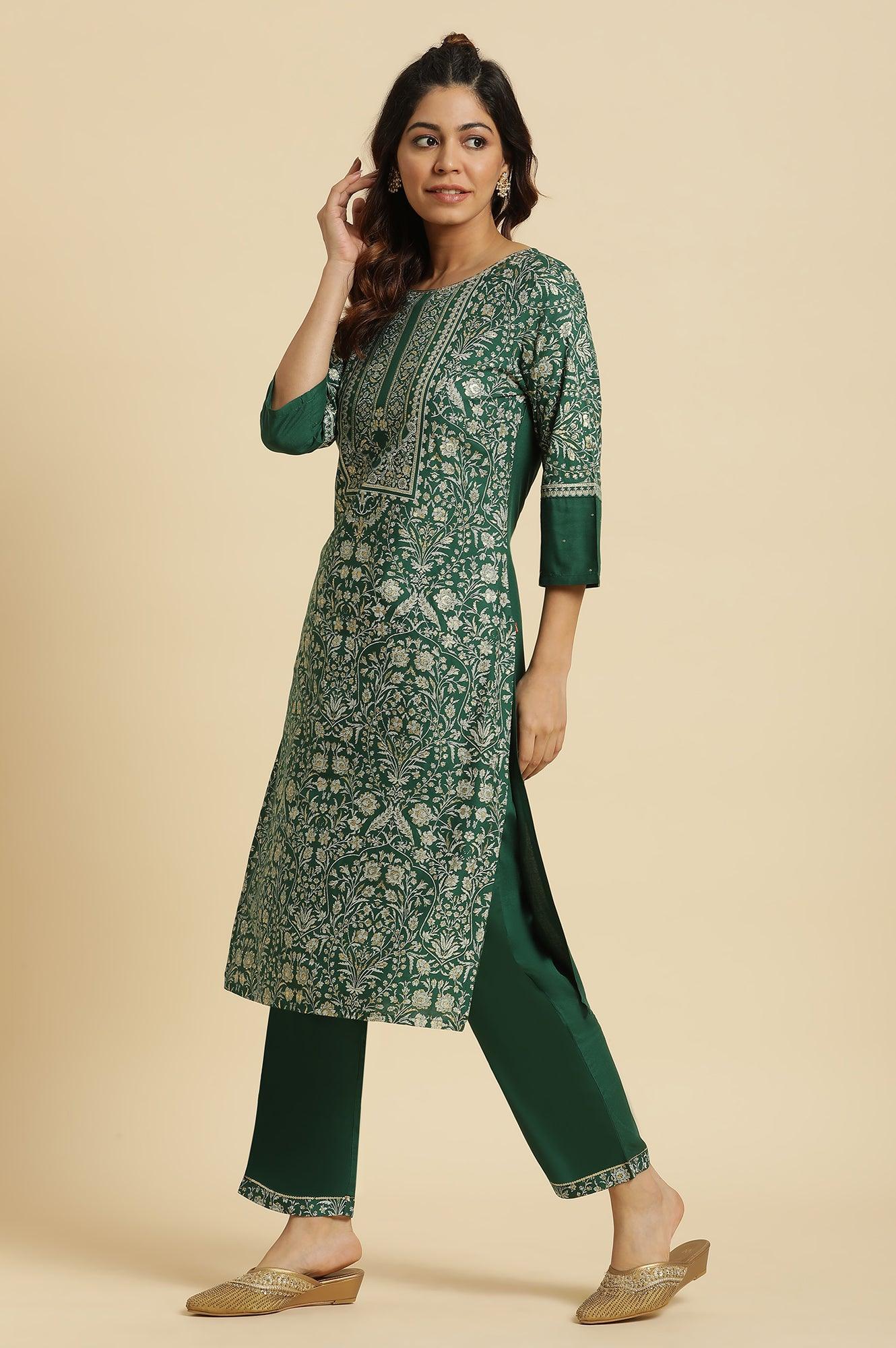 Green Floral Printed Embellished Kurta - wforwoman
