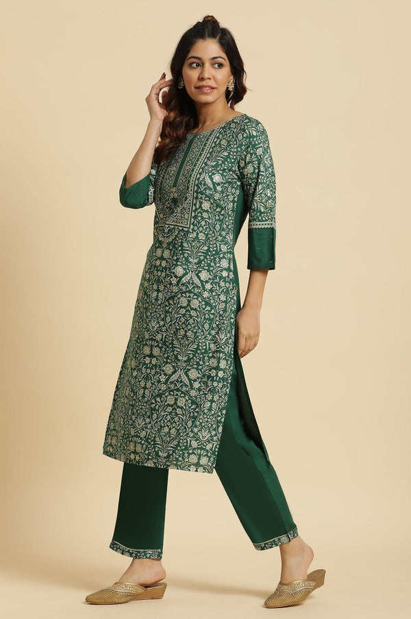 Green Floral Printed Embellished Kurta