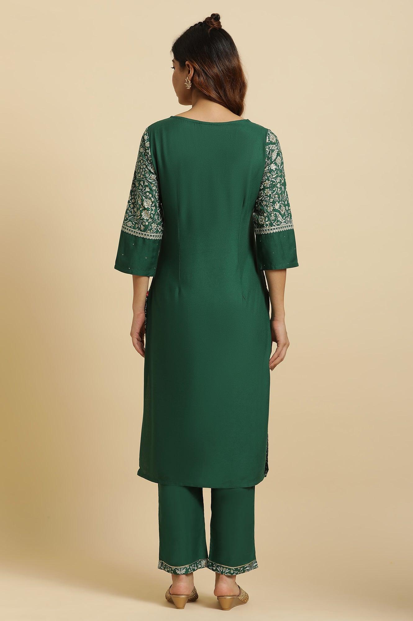 Green Floral Printed Embellished Kurta - wforwoman