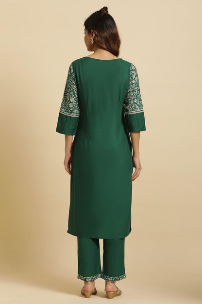 Green Floral Printed Embellished Kurta - wforwoman