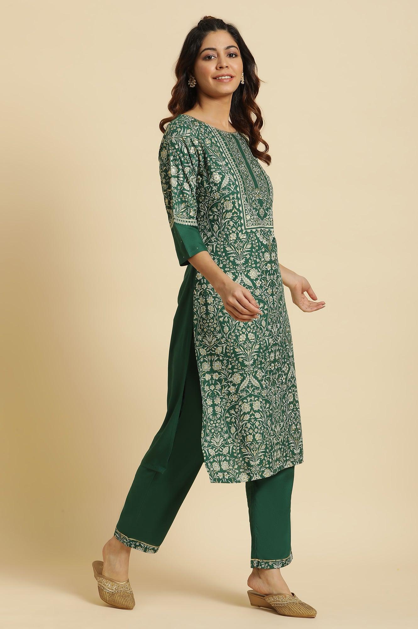 Green Floral Printed Embellished Kurta - wforwoman
