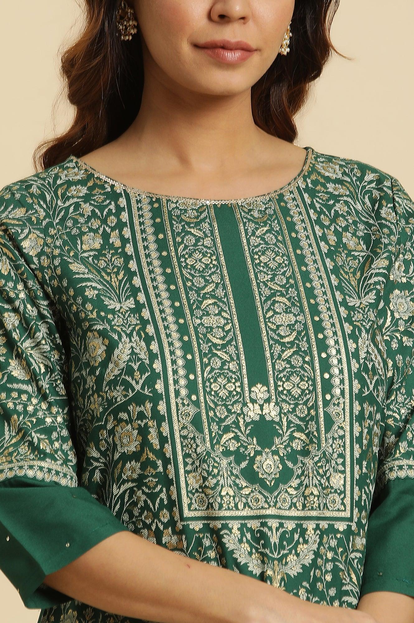 Green Floral Printed Embellished Kurta - wforwoman