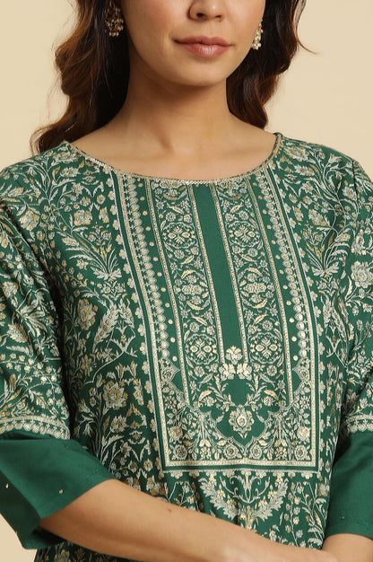 Green Floral Printed Embellished Kurta - wforwoman