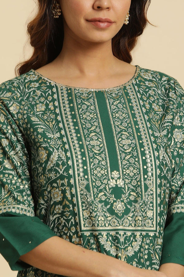 Green Floral Printed Embellished Kurta